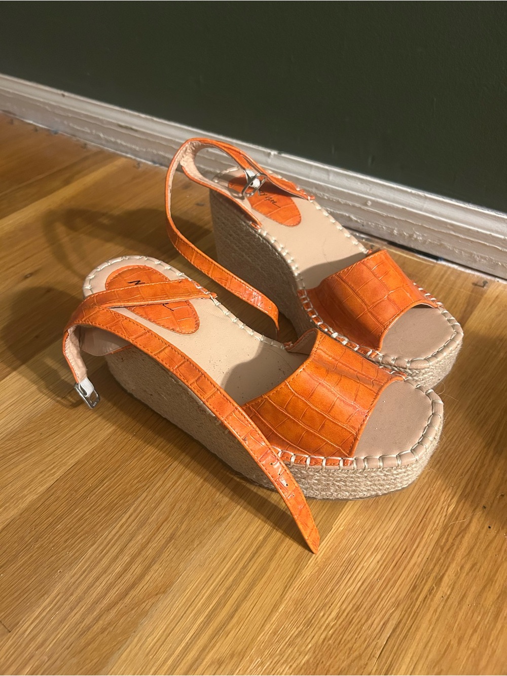 Nasty Gal Orange Croc-Embossed Espadrille Wedge Sandals